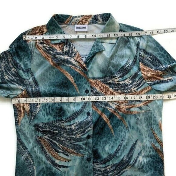 Vintage 90s Feather Print Knit Blouse MP Button Front Groovy Grandmacore - Picture 6 of 11